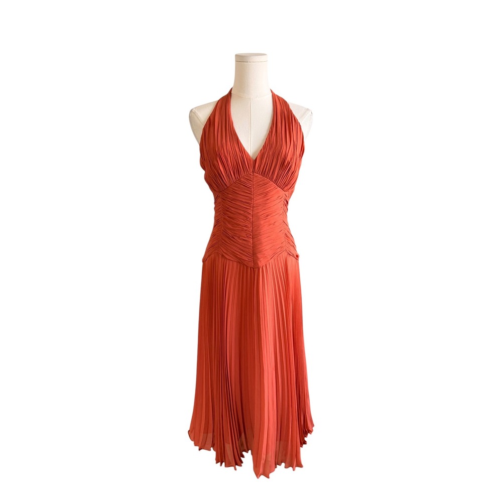 Jones New York Silk Halter Midi Dress Orange Pleated Ruched V-Neck Size 10